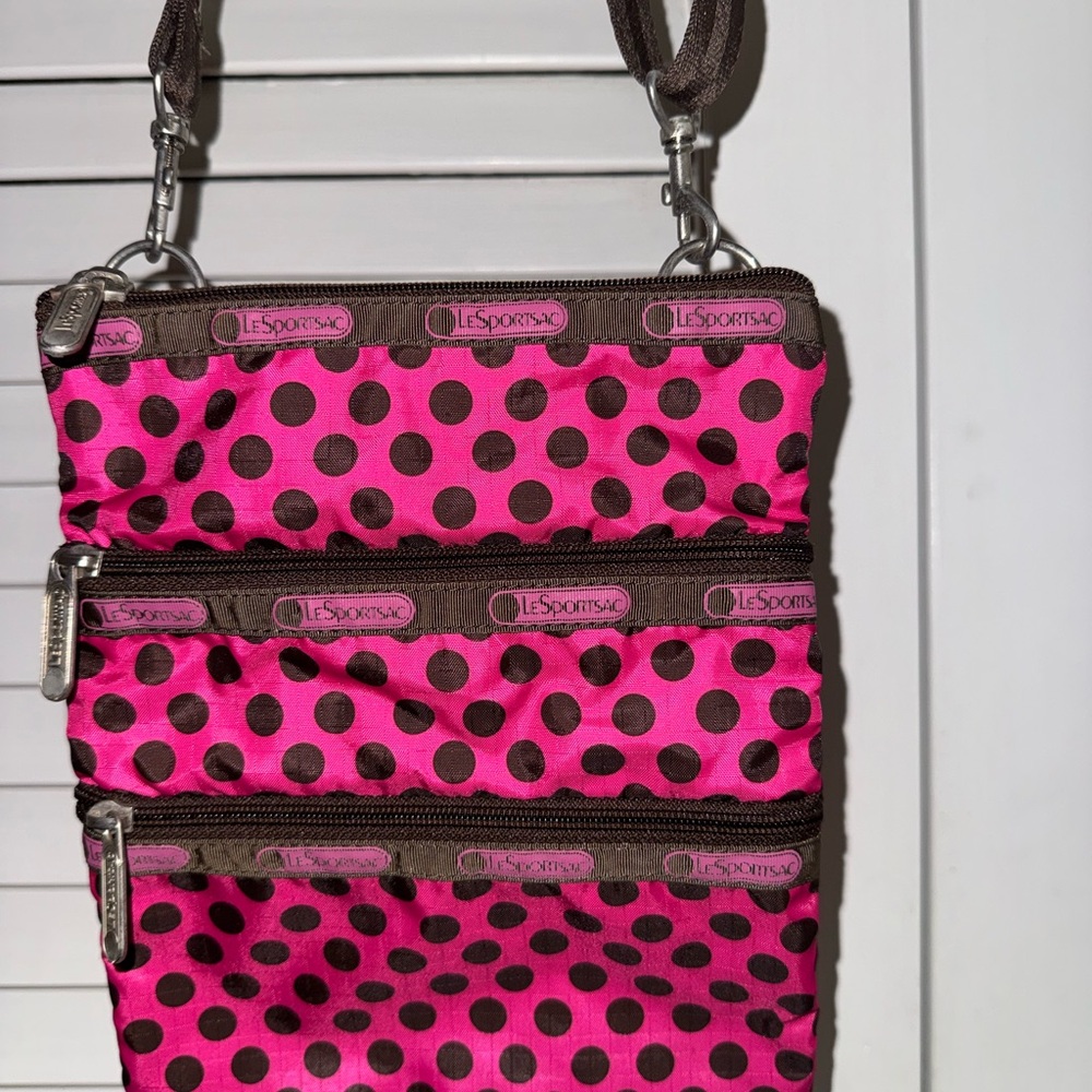 Lesportsac Hot Pink and Brown Polka Dot Crossbody Bag
